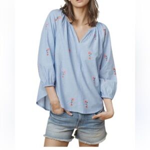 Velvet blue shirt with pink and white embroidered flowers - size small